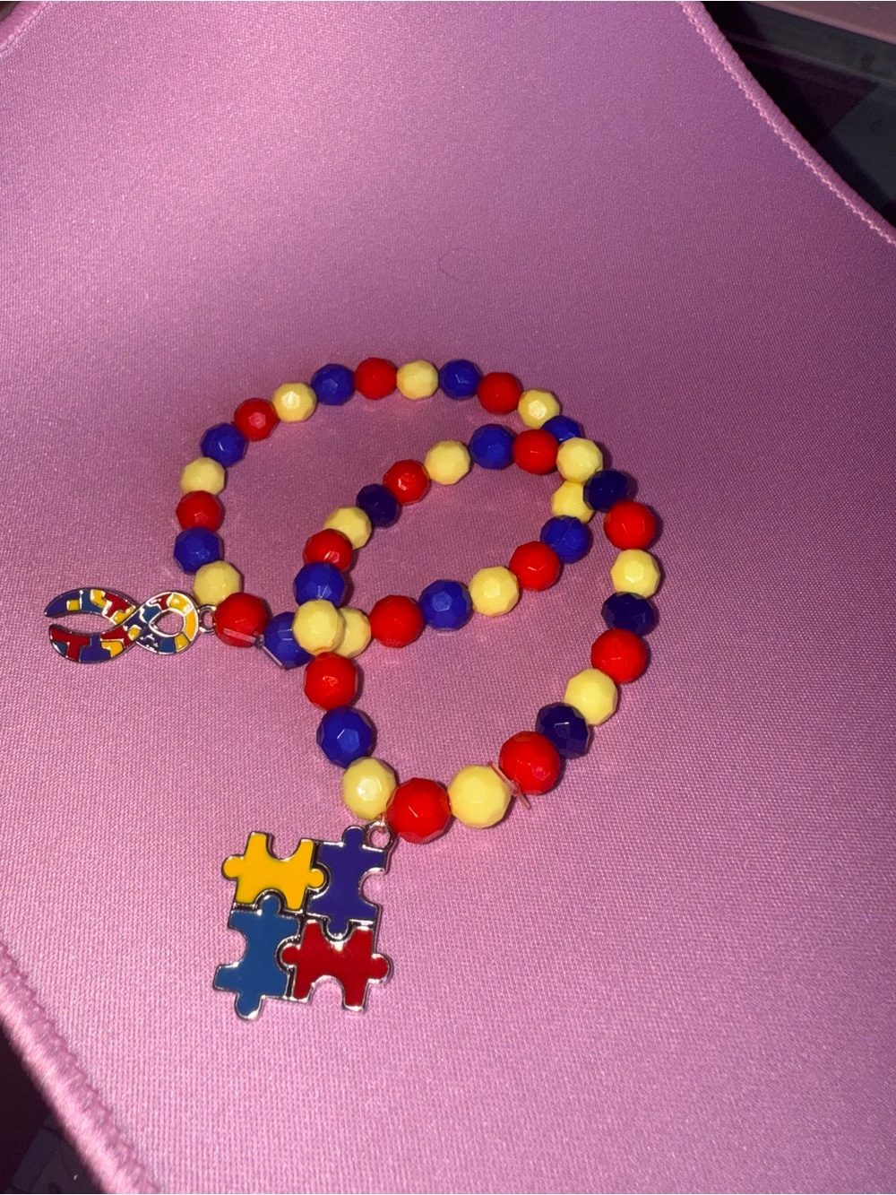 Autism Awareness Puzzle Charm Beaded Bracelet - Red, Yellow, Blue